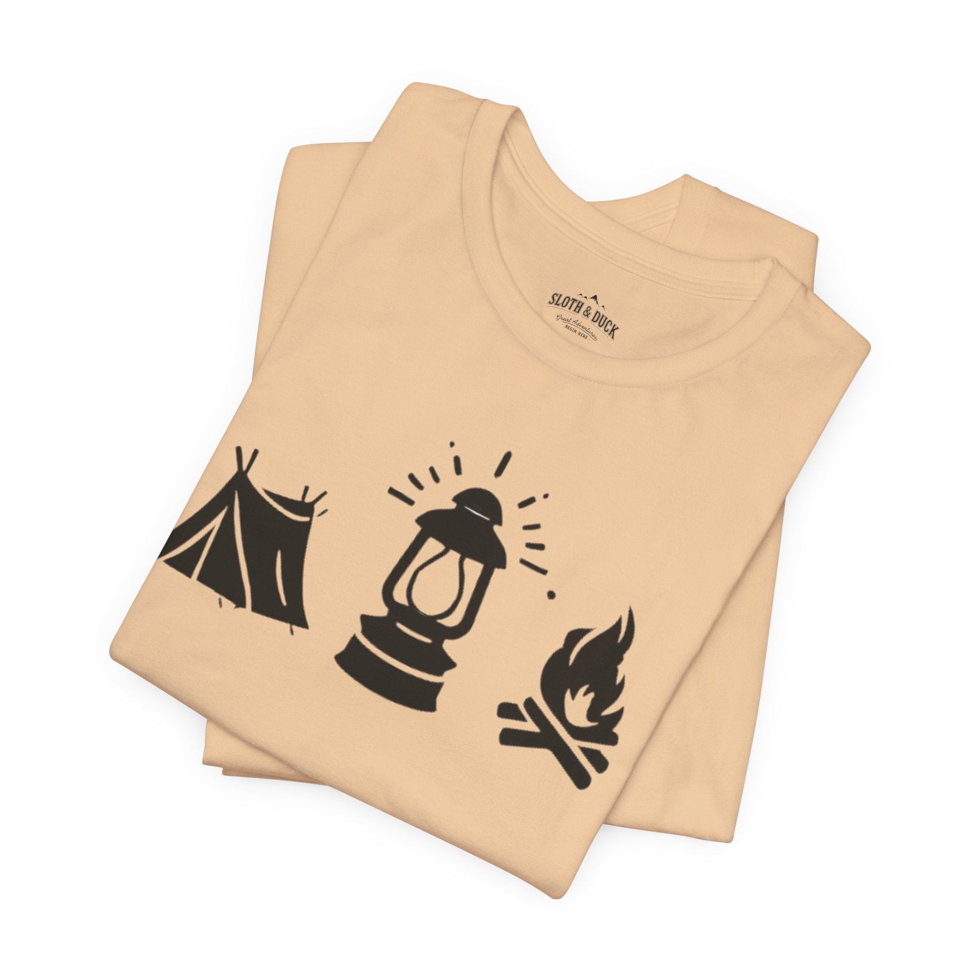 "Tent. Lantern. Campfire." Graphic T-Shirt - Sand Dune - Sloth & Duck