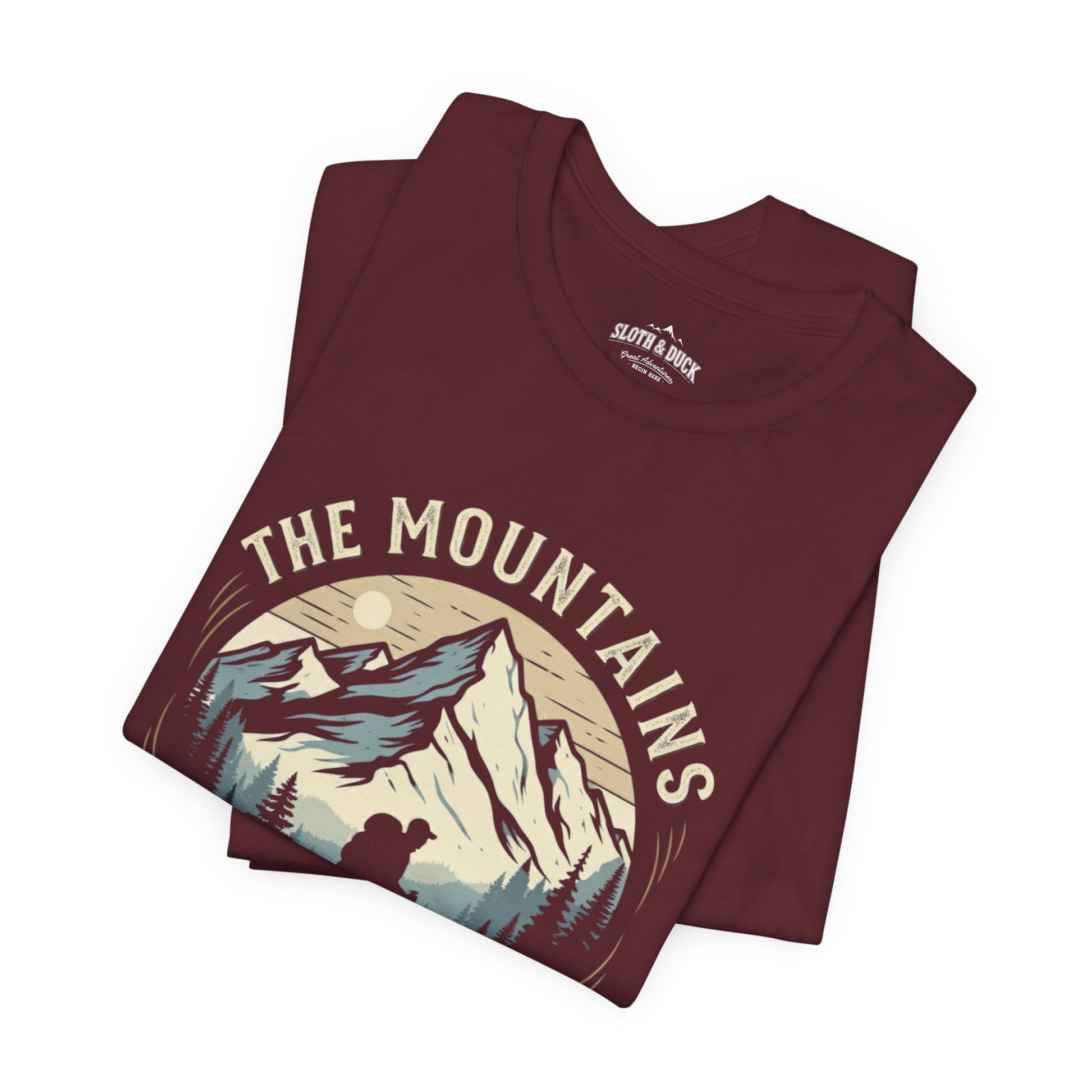 "The Mountains Are Calling" Men's T-Shirt - Maroon - Sloth & Duck