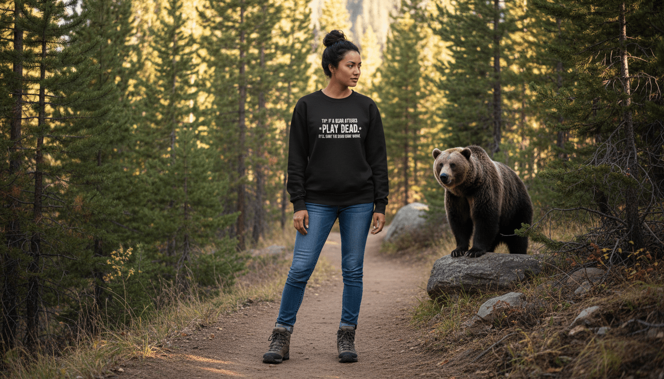 "Tip: If a Bear Attacks, Play Dead" Bear Sweatshirt - S - Sloth & Duck