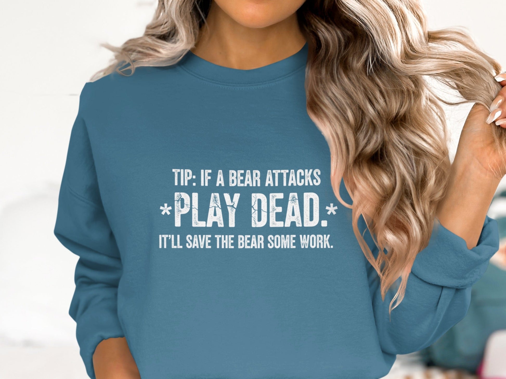 "Tip: If a Bear Attacks, Play Dead" Bear Sweatshirt - S - Sloth & Duck