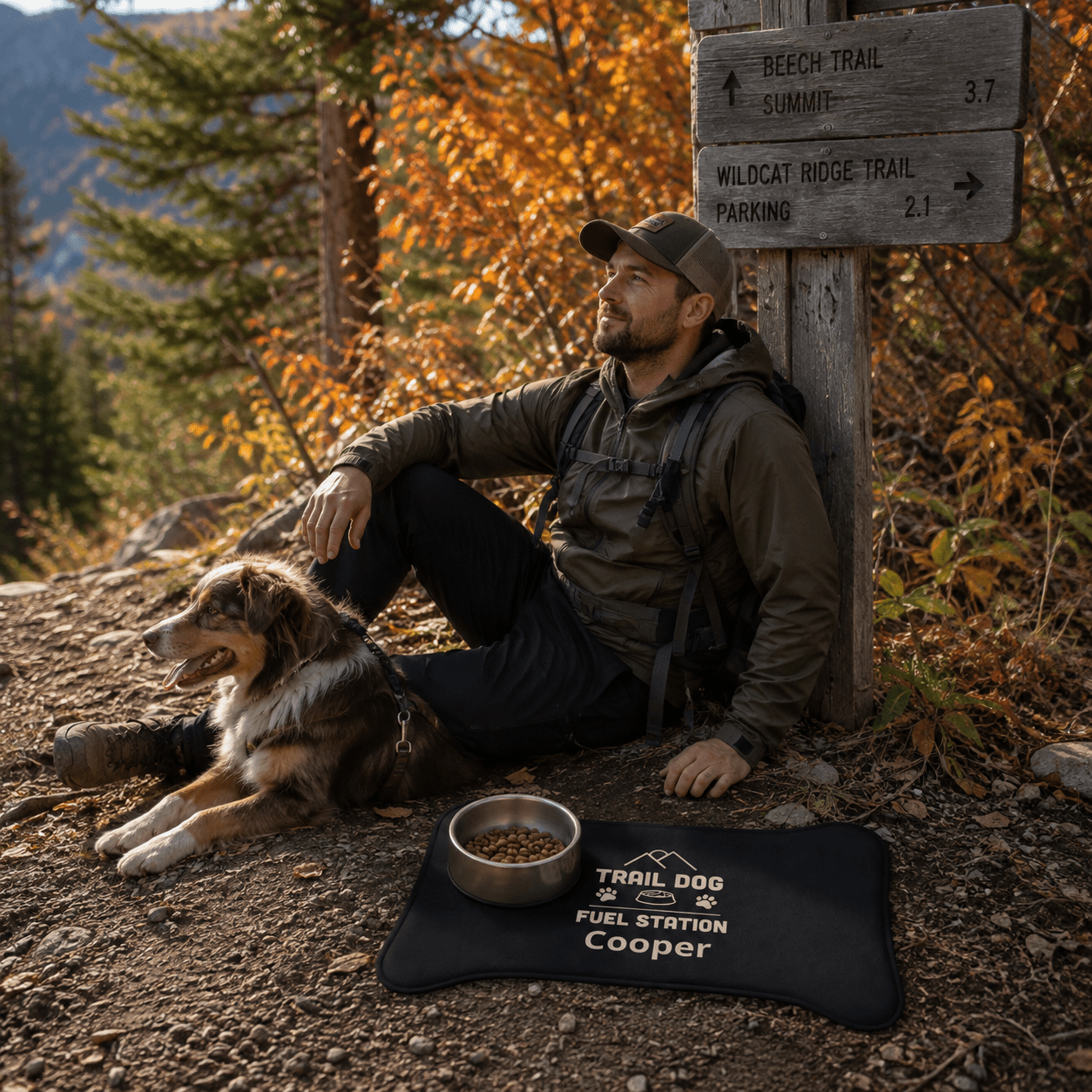 Trail Dog Fuel Station Personalized Pet Feeding Mat -Bone shape (19" x 14") - Sloth & Duck