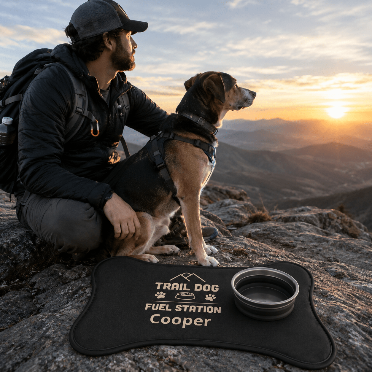 Trail Dog Fuel Station Personalized Pet Feeding Mat -Bone shape (19" x 14") - Sloth & Duck