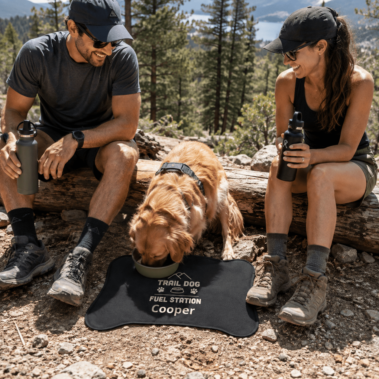 Trail Dog Fuel Station Personalized Pet Feeding Mat -Bone shape (19" x 14") - Sloth & Duck