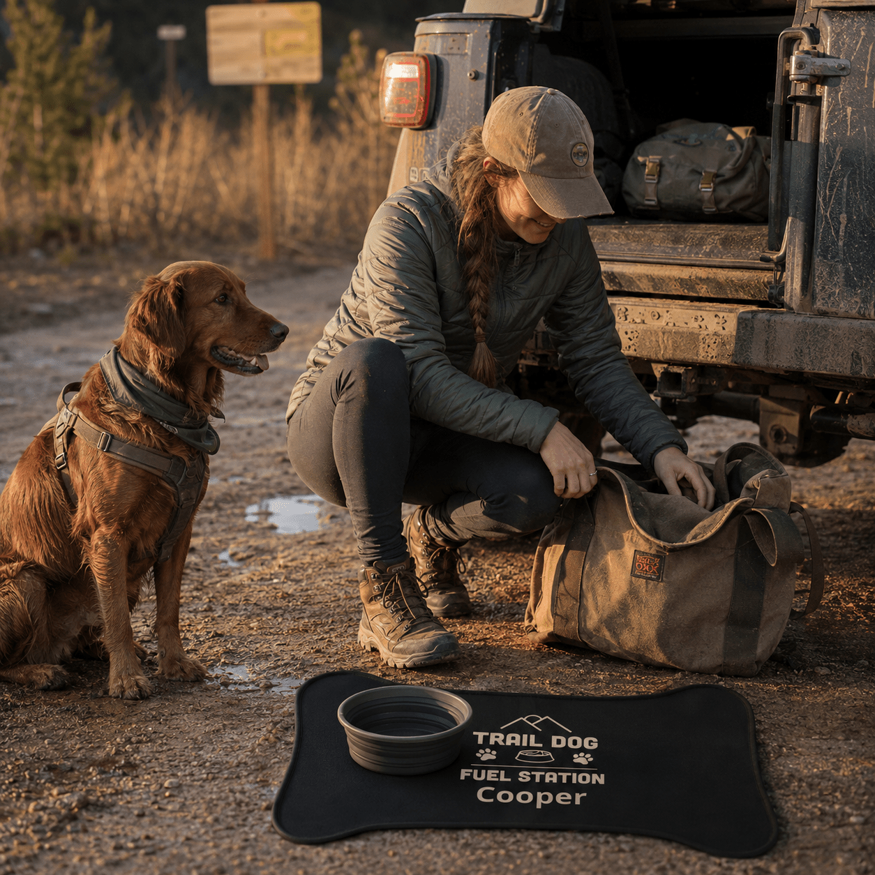 Trail Dog Fuel Station Personalized Pet Feeding Mat -Bone shape (19" x 14") - Sloth & Duck