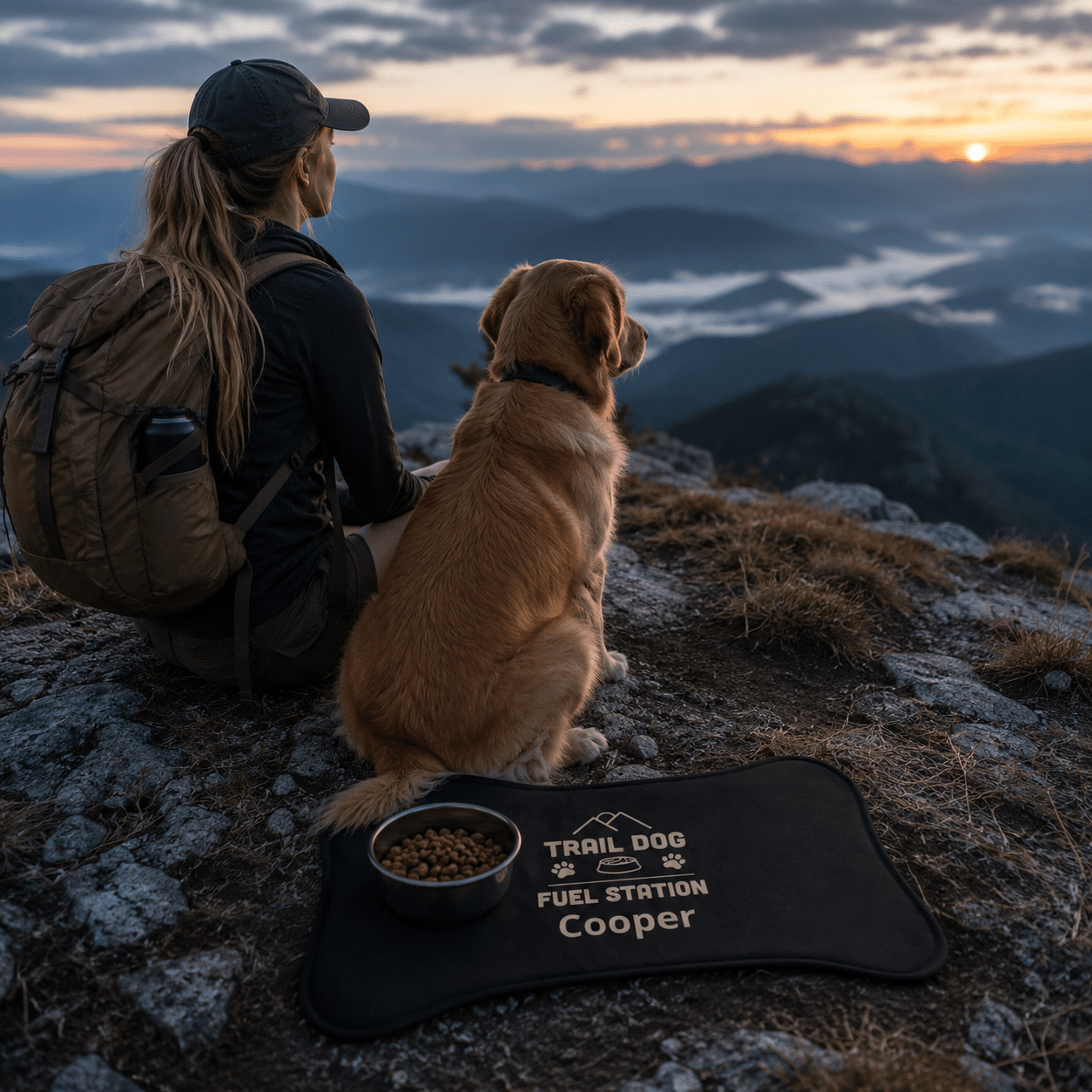 Trail Dog Fuel Station Personalized Pet Feeding Mat -Bone shape (19" x 14") - Sloth & Duck