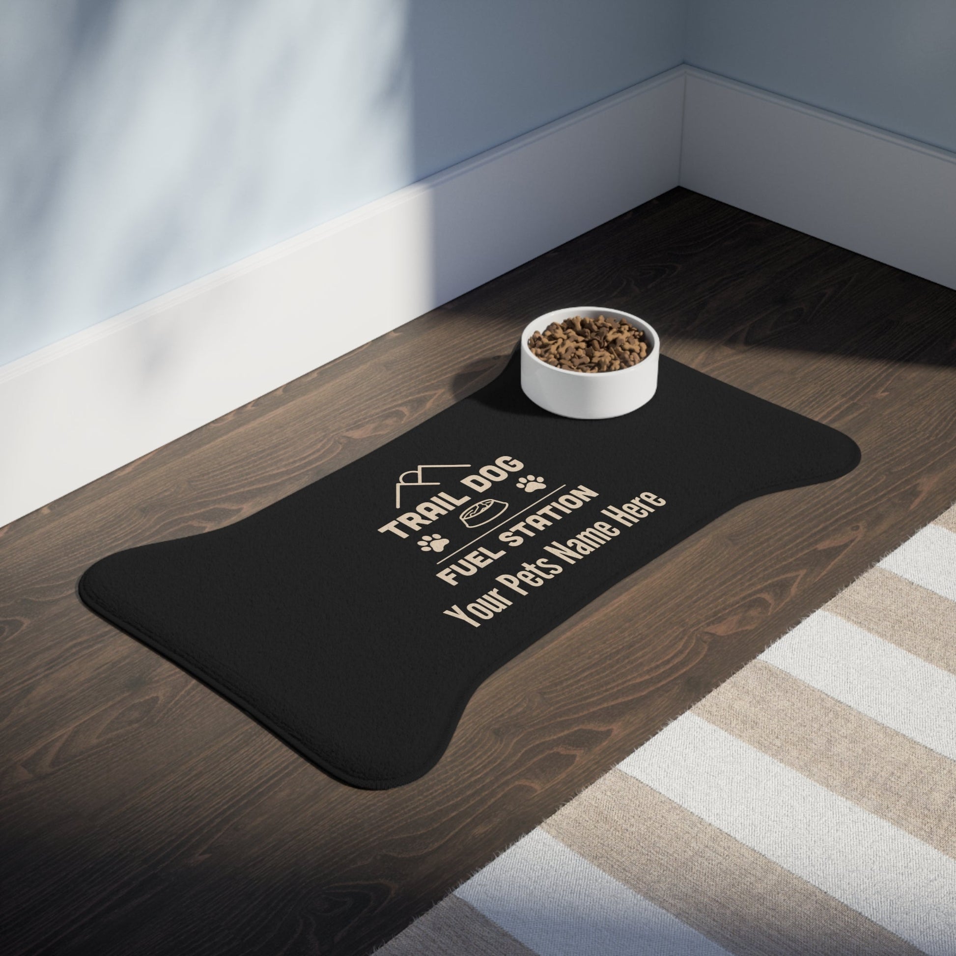 Trail Dog Fuel Station Personalized Pet Feeding Mat -Bone shape (19" x 14") - Sloth & Duck