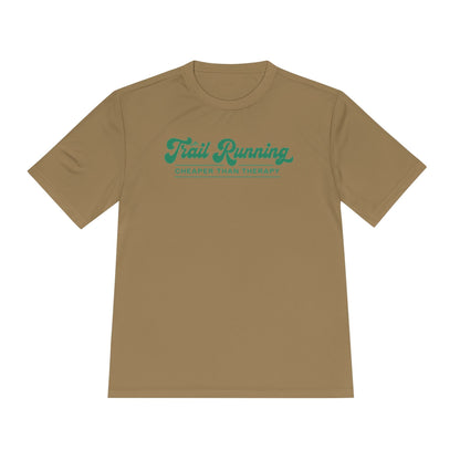 Trail Running Cheaper Than Therapy Performance T-Shirt -Coyote Brown - Sloth & Duck