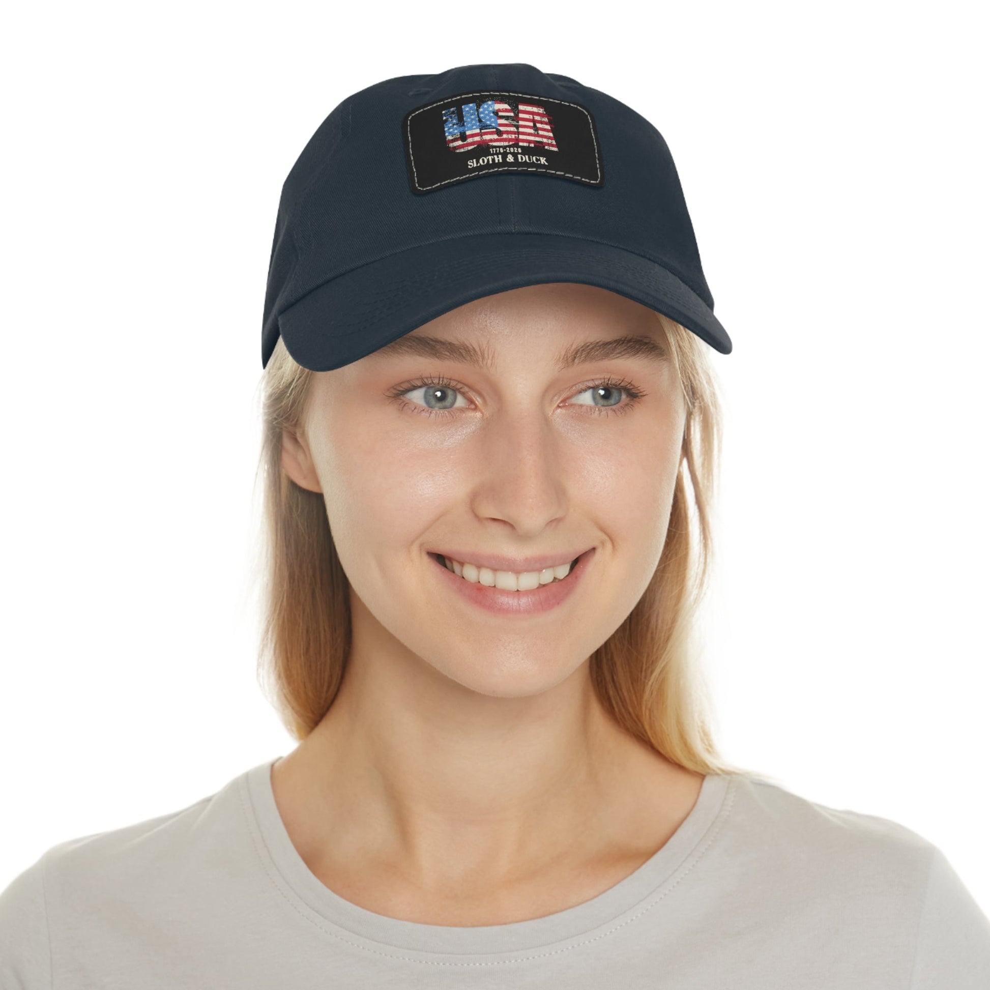 USA Flag Leather Patch Dad Hat, Sloth & Duck Vintage Americana Cap - Navy / Black patch - Sloth & Duck