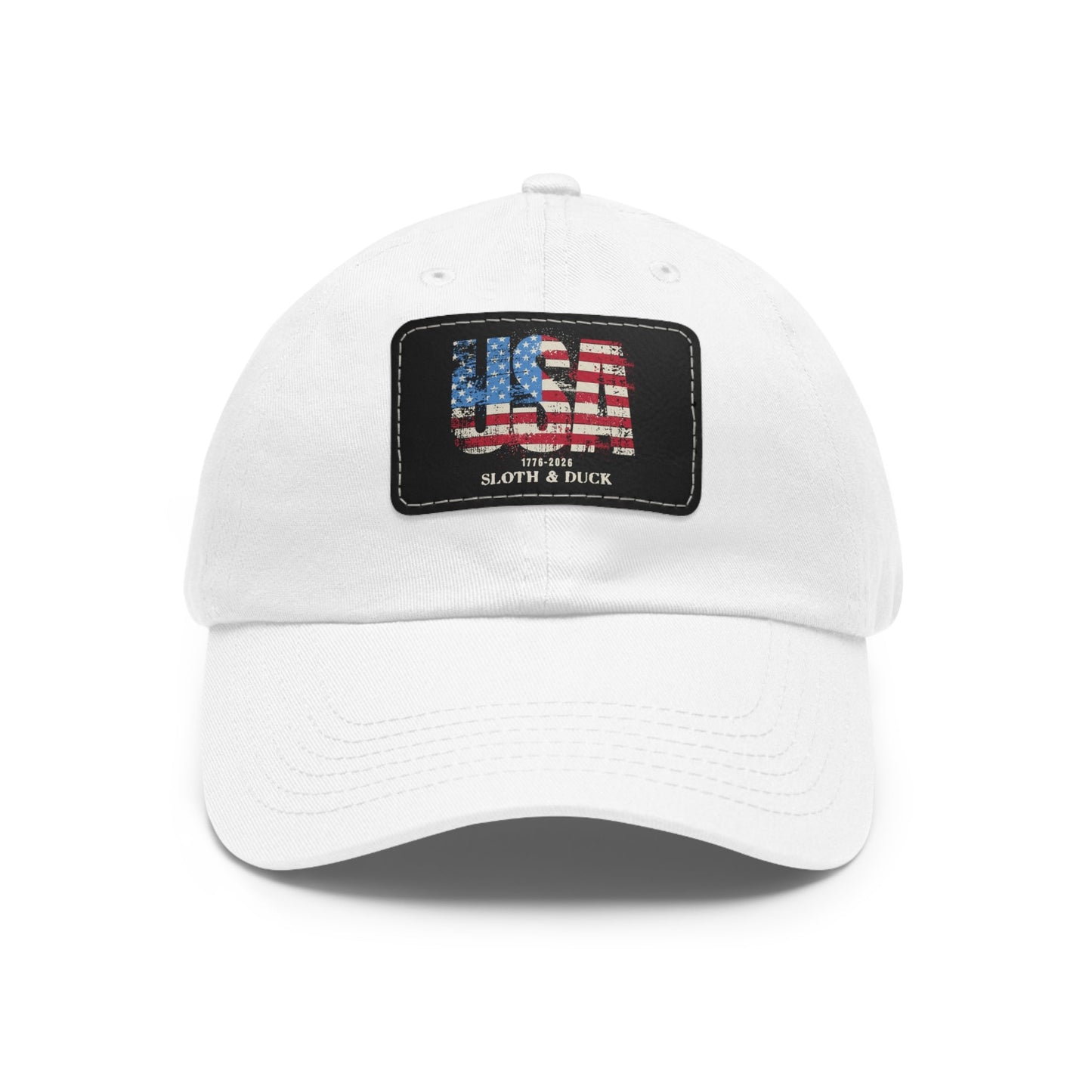 USA Flag Leather Patch Dad Hat, Sloth & Duck Vintage Americana Cap - White / Black patch - Sloth & Duck