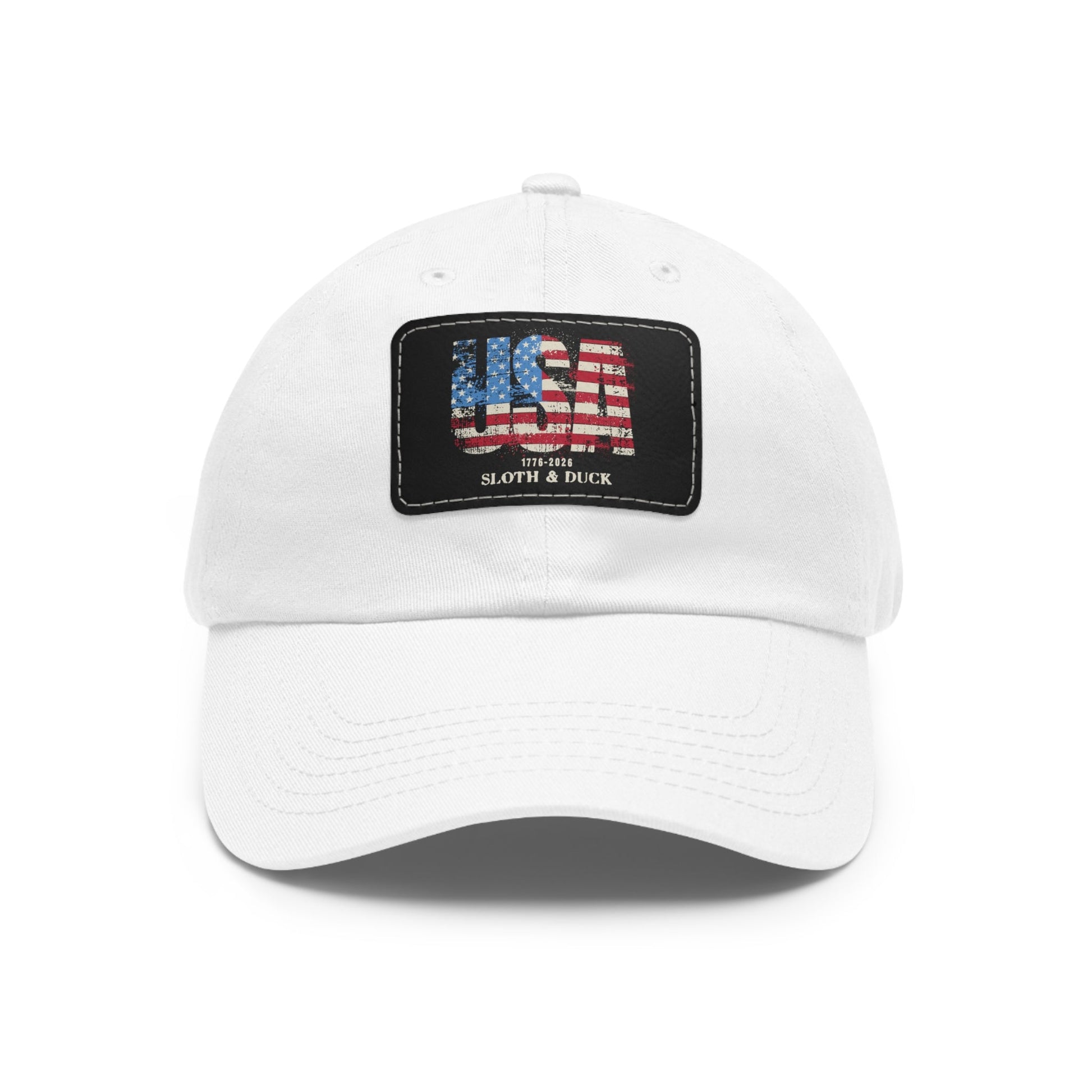 USA Flag Leather Patch Dad Hat, Sloth & Duck Vintage Americana Cap - White / Black patch - Sloth & Duck