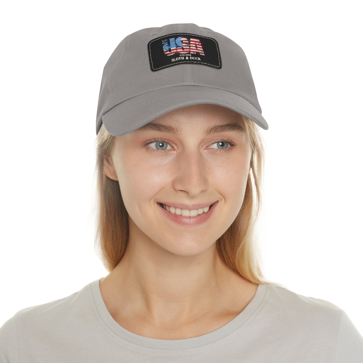 USA Flag Leather Patch Dad Hat, Sloth & Duck Vintage Americana Cap - Black / Black patch - Sloth & Duck