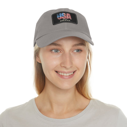 USA Flag Leather Patch Dad Hat, Sloth & Duck Vintage Americana Cap - Black / Black patch - Sloth & Duck