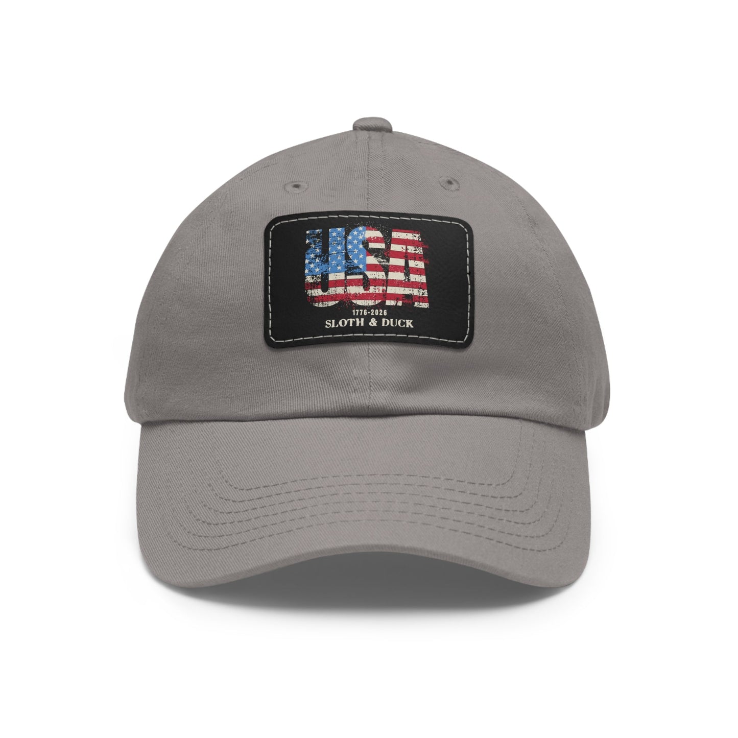 USA Flag Leather Patch Dad Hat, Sloth & Duck Vintage Americana Cap - Grey / Black patch - Sloth & Duck