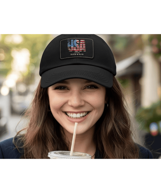 USA Flag Leather Patch Dad Hat, Sloth & Duck Vintage Americana Cap - Black / Black patch - Sloth & Duck