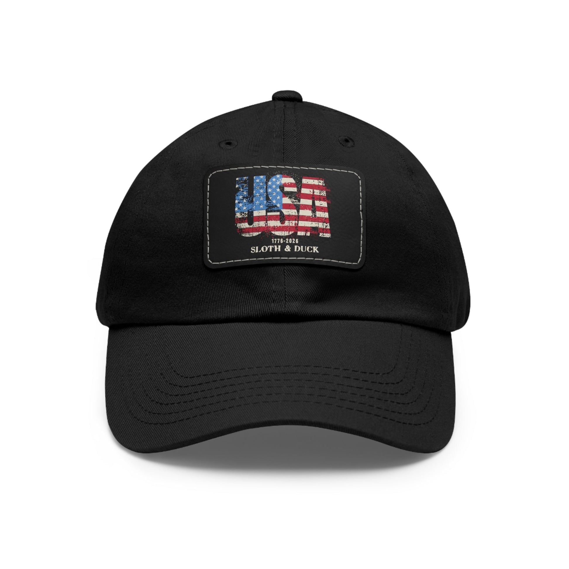 USA Flag Leather Patch Dad Hat, Sloth & Duck Vintage Americana Cap - Black / Black patch - Sloth & Duck