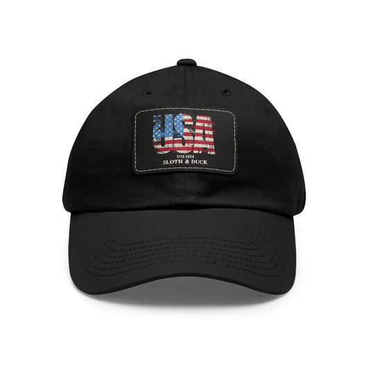 USA Flag Leather Patch Dad Hat, Sloth & Duck Vintage Americana Cap - Black / Black patch - Sloth & Duck