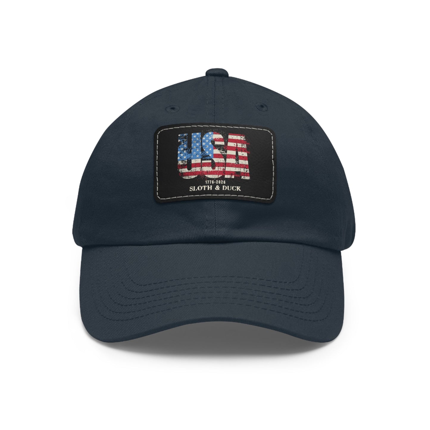 USA Flag Leather Patch Dad Hat, Sloth & Duck Vintage Americana Cap - Navy / Black patch - Sloth & Duck
