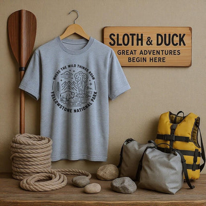 "Where The Wild Things Roam" Yellowstone National Park T-Shirt - S - Sloth & Duck