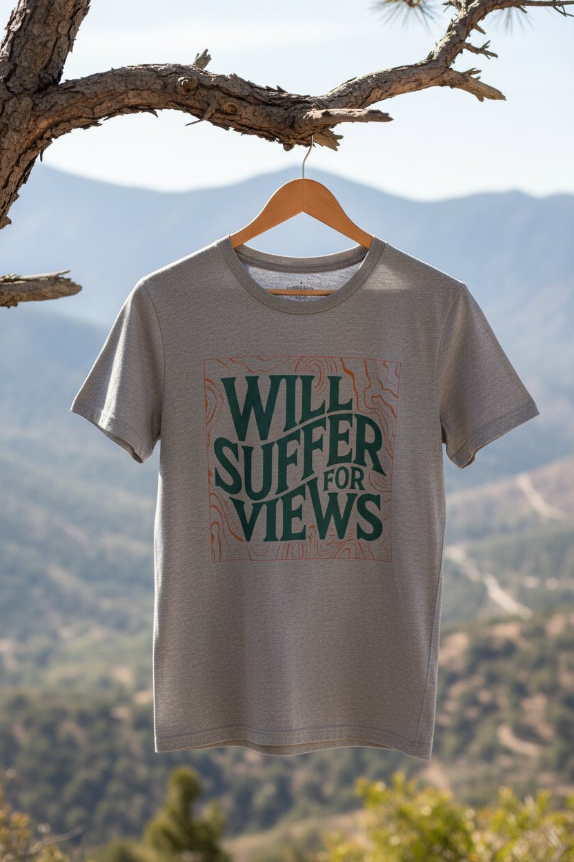 Will Suffer For Views T-Shirt | Bold Graphic Tee for Adventurers - S - Sloth & Duck