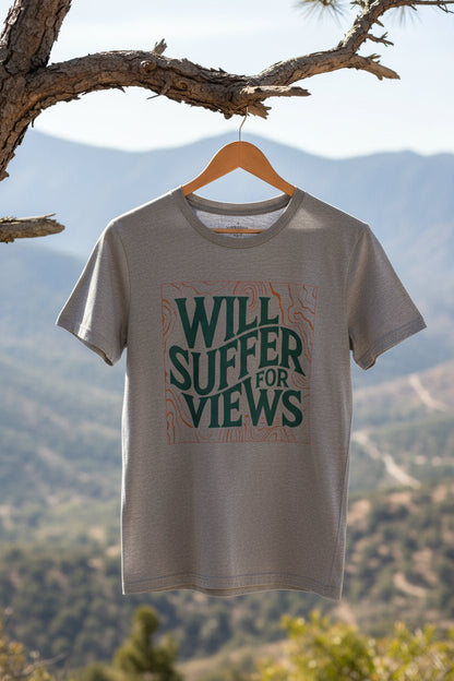 Will Suffer For Views T-Shirt | Bold Graphic Tee for Adventurers - S - Sloth & Duck